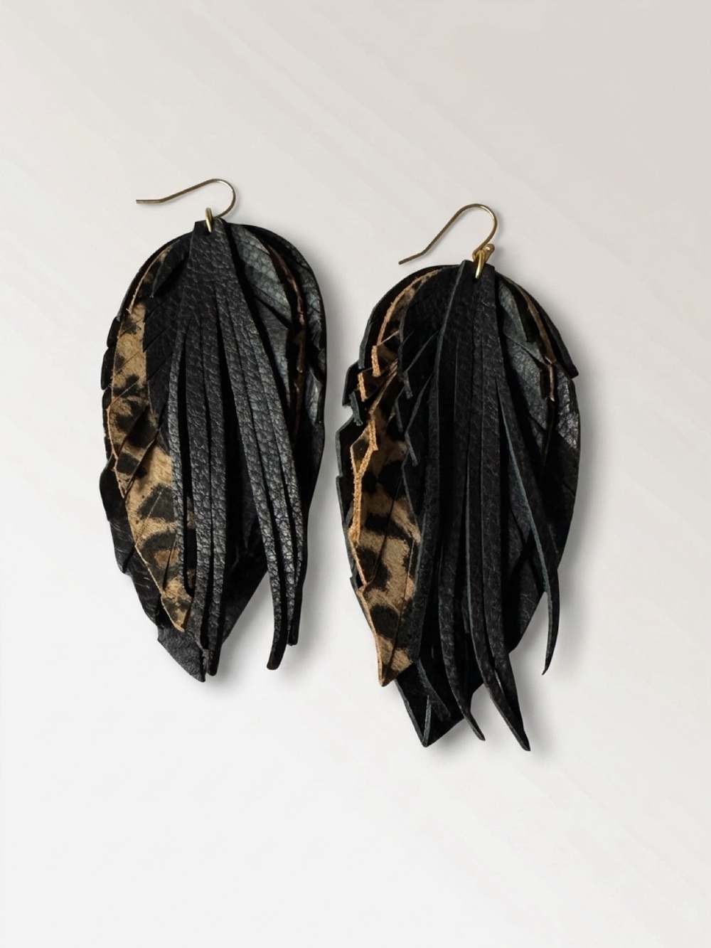 Handmade Black & Leopard Layered Leather Fringe Earrings